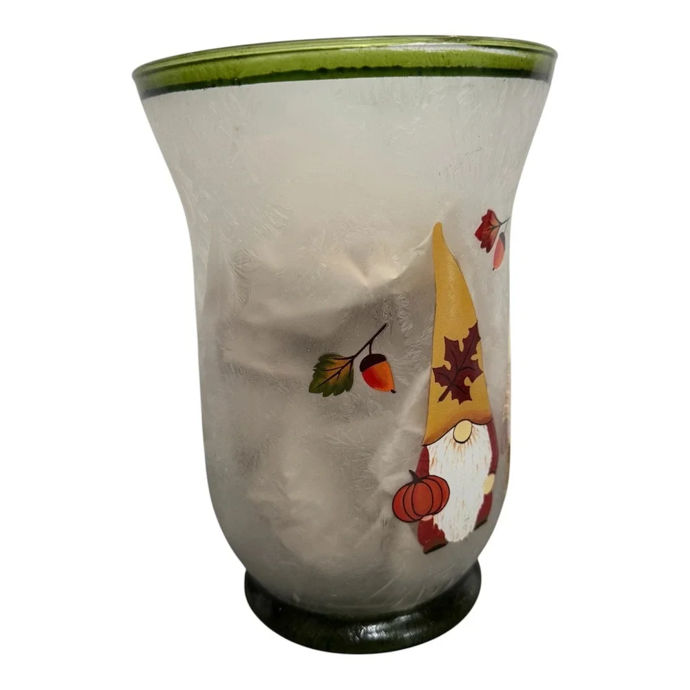 Fall Gnome Frosted Glass Candle Holder 7.75